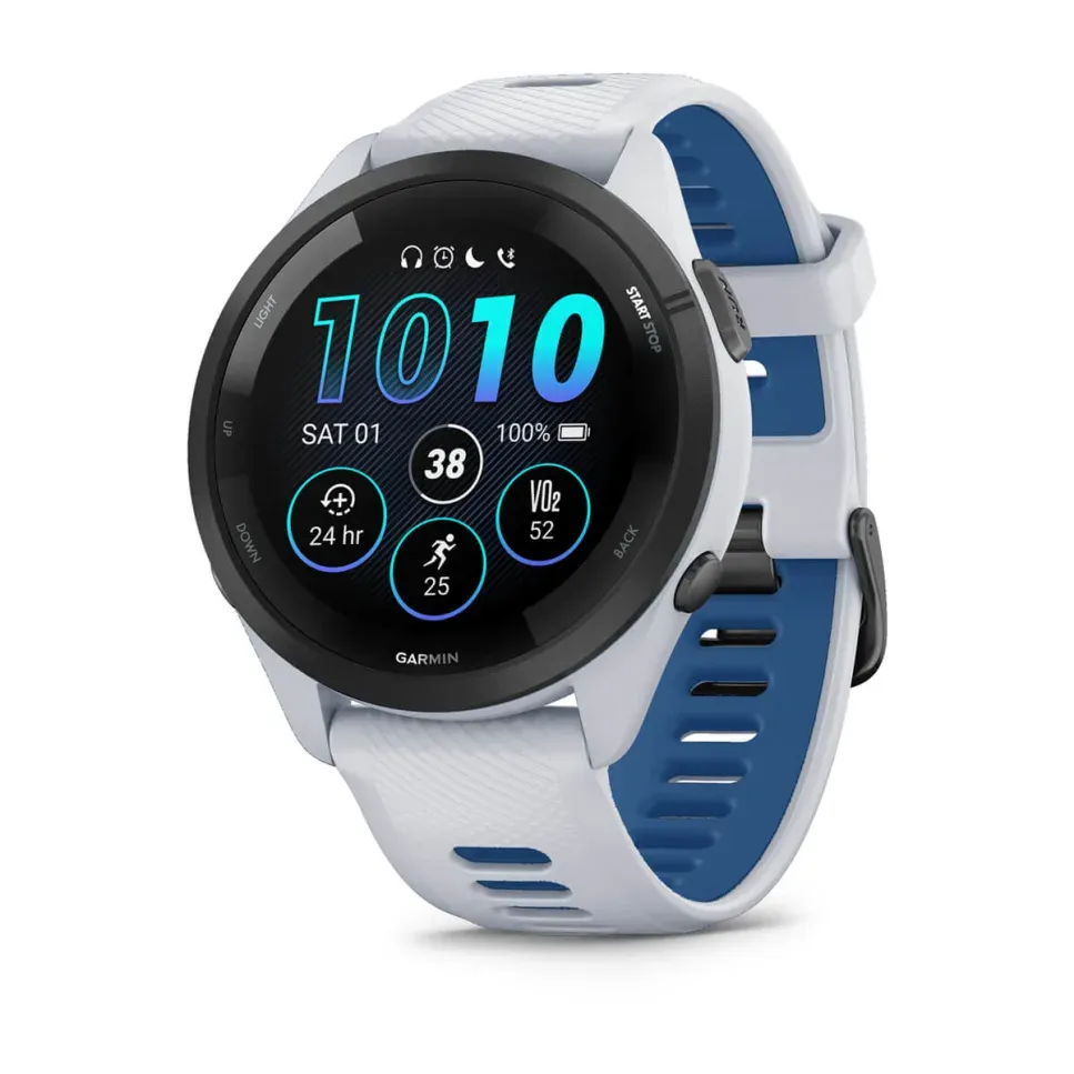 Garmin Forerunner 265 White Black case with white stone case and white stone/navy blue silicone watch strap