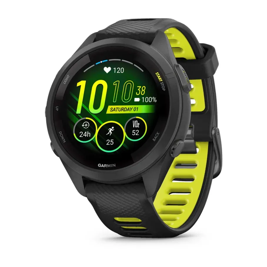 Garmin Forerunner 265S Black Black bezel and case with black/yellow silicone watch strap