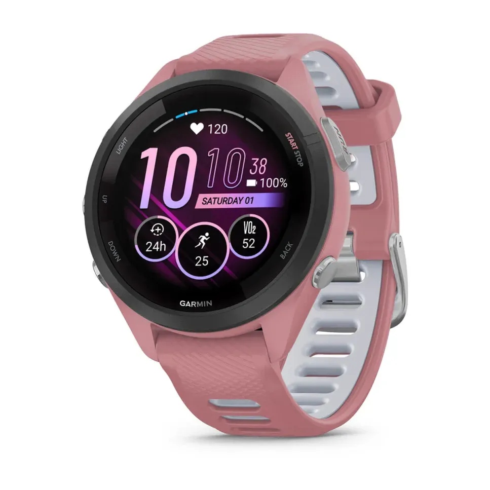 Garmin Forerunner 265S Pink Black case with light pink case and light pink/smoke grey silicone watch strap