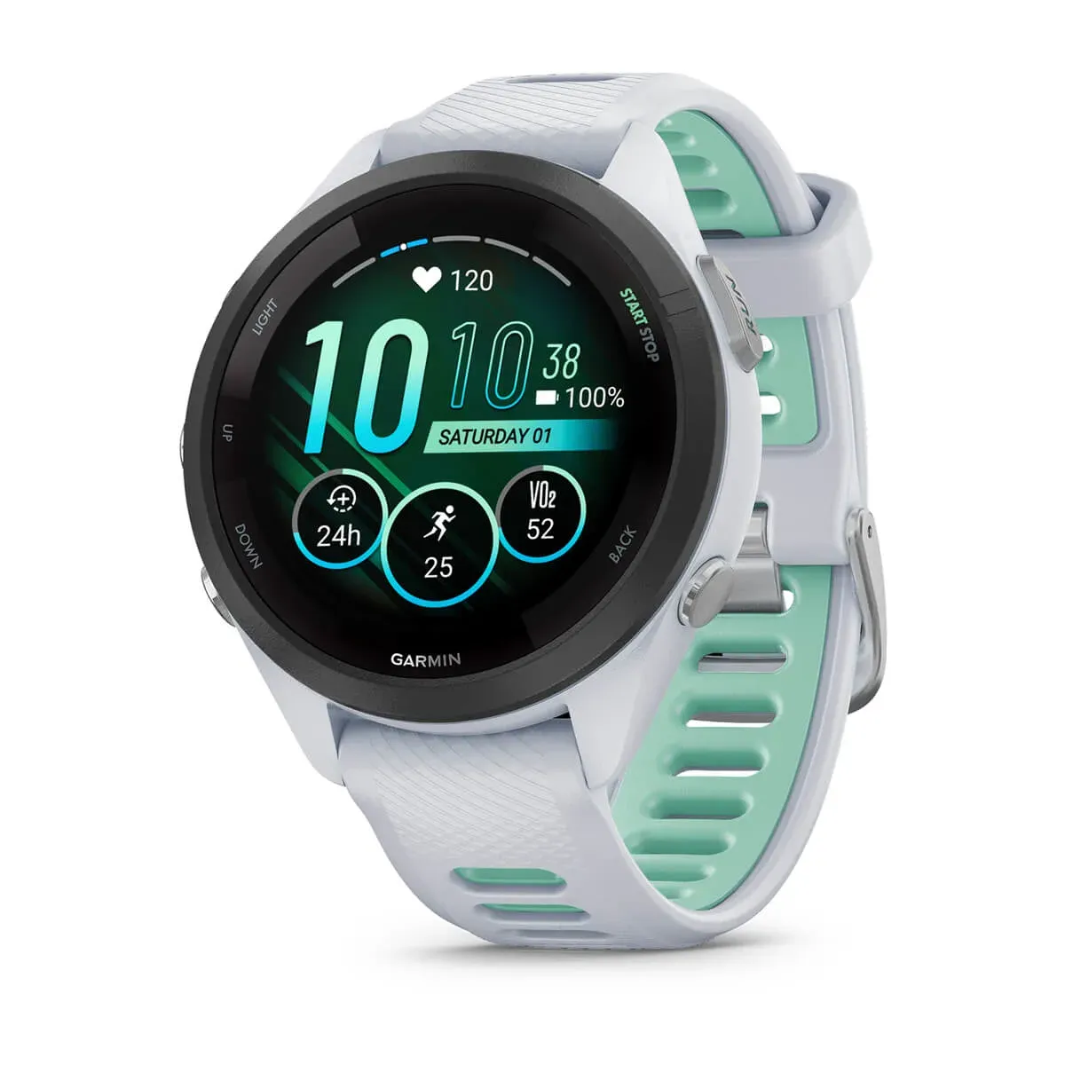 Garmin Forerunner 265S White Black case with white stone case and white stone/teal silicone watch strap