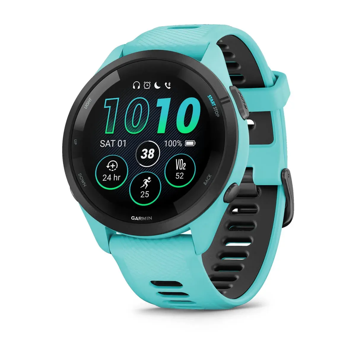 Garmin Forerunner 265 Aqua Black case with water-coloured case and water-coloured/black silicone watch strap