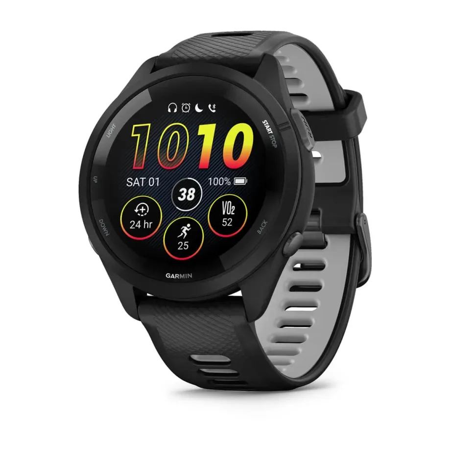 Garmin Forerunner 265 Black Black bezel and case with black/smoke grey silicone watch strap