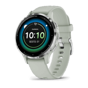 Garmin Venu 3S Sage Gray Passivated Silver stainless steel case with green-grey case and silicone watch strap