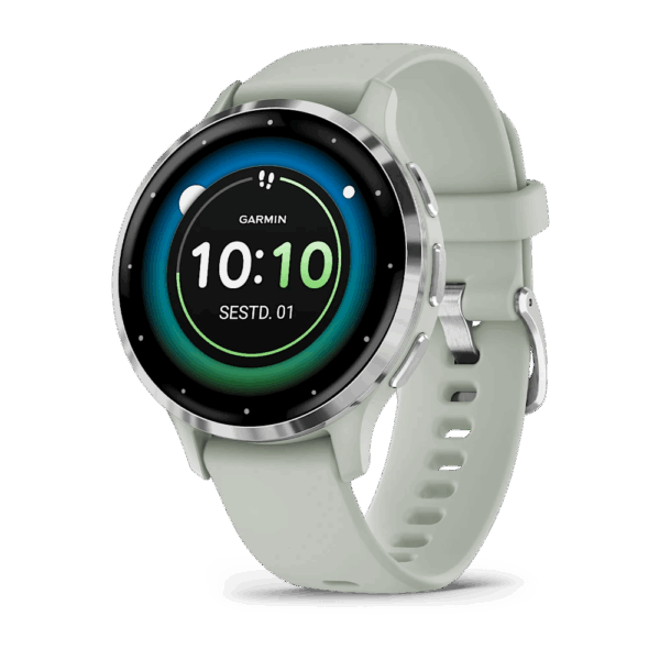 Garmin Venu 3S Sage Gray Passivated Silver stainless steel case with green-grey case and silicone watch strap