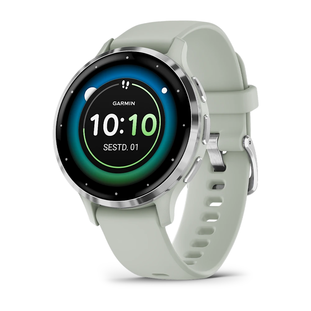 Garmin Venu 3S Sage Gray Passivated Silver stainless steel case with green-grey case and silicone watch strap