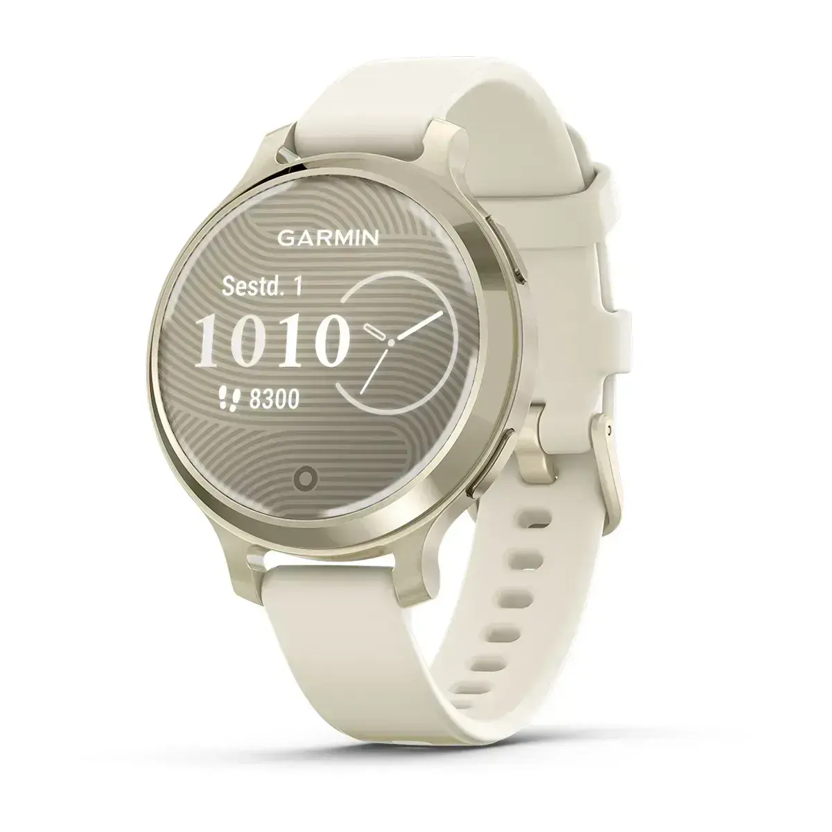 Garmin Lily 2 Active Lunar Gold Moon in gold with bone coloured silicone strap