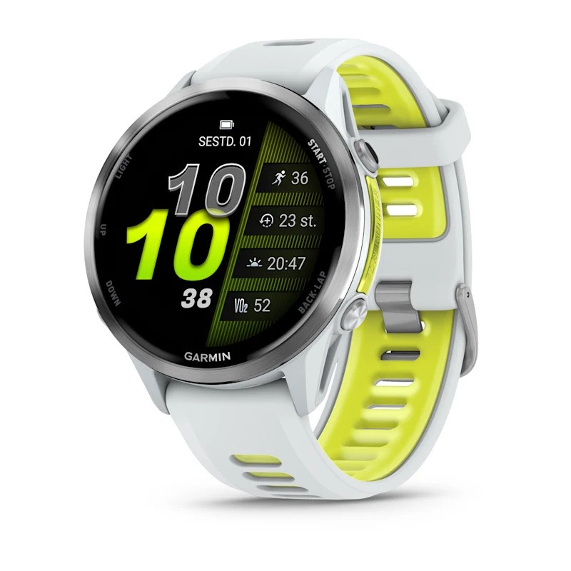 Garmin Forerunner 970 Whitestone Yellow Titanium with white stone bezel and white stone/translucent amp yellow strap
