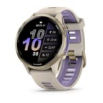 Garmin Forerunner 970 French Grey Soft gold titanium with French grey bezel and French grey/translucent indigo strap